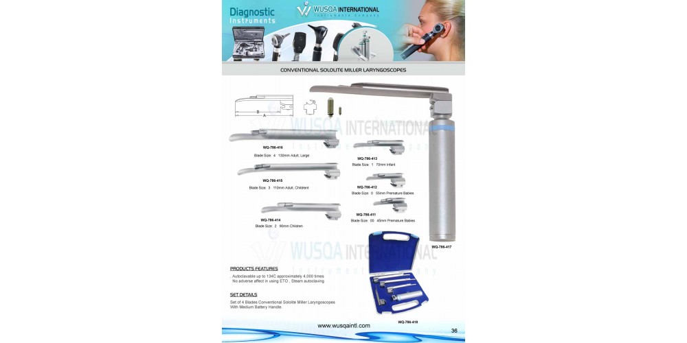 Conventional Solo Lite Miller Blades Laryngoscopes.